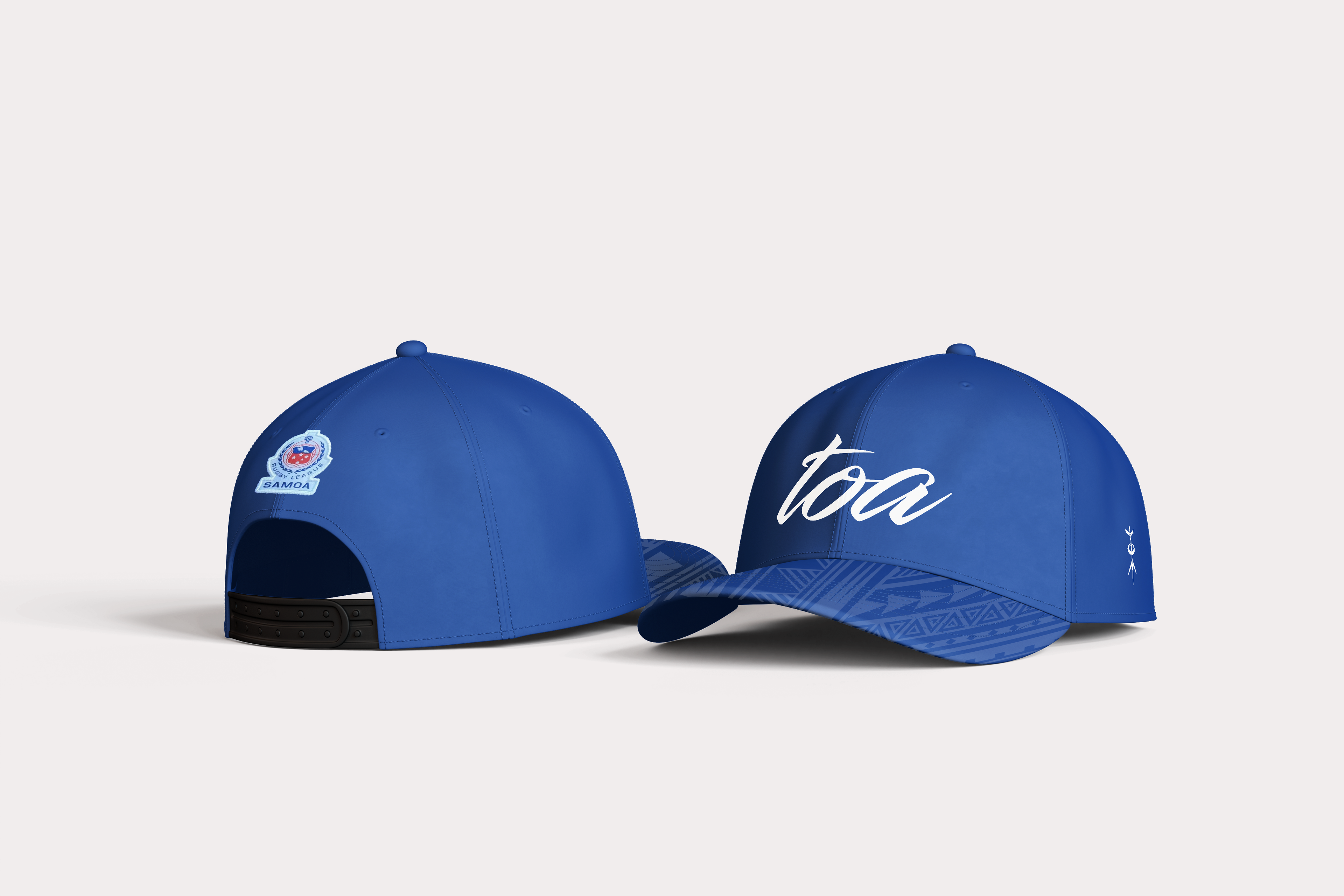 Two blue baseball caps with branding on a light gray background